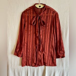 Russet Red Orange Guess Neck Bow Blouse | Quarter Sleeves Satin Stripes Sz S